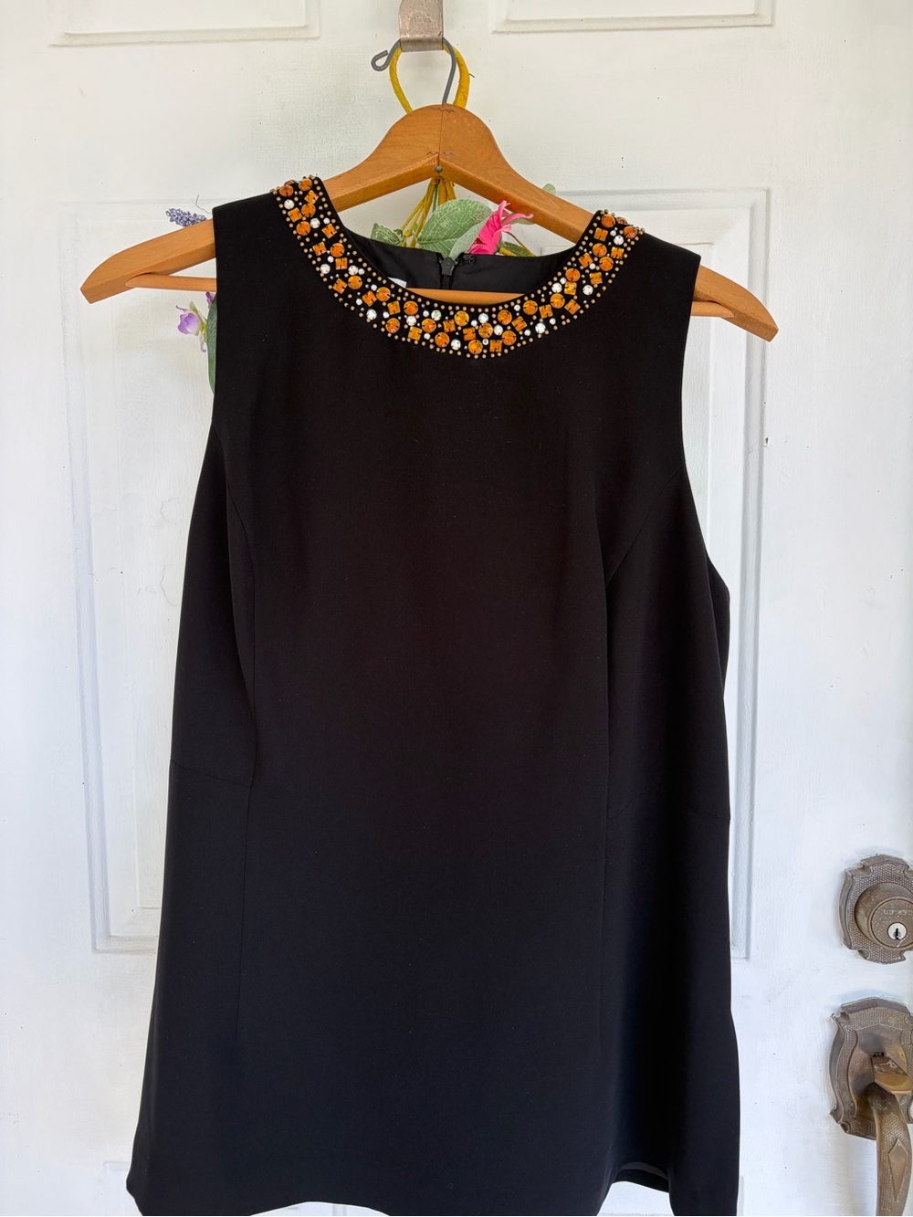 Talbots Black Sleeveless Tunic with Orange Beaded Neckline